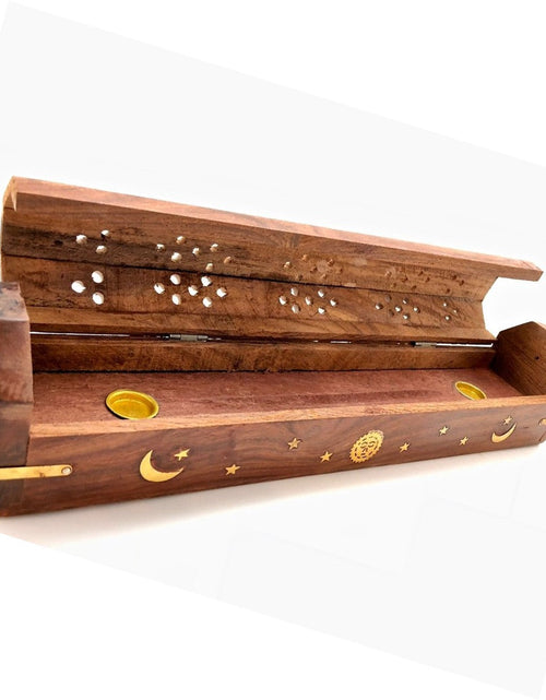 Load image into Gallery viewer, Celestial Wood Incense and cone Burner, Ash Catcher with storage - 18" by OMSutra
