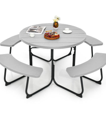 8-Person Outdoor Picnic Table and Bench Set with Umbrella Hole-Gray