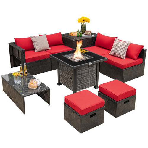 Load image into Gallery viewer, Outdoor 9 Pieces Patio Furniture Set with 50 000 BTU Propane Fire Pit Table-Red
