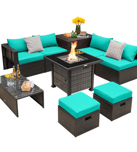 Outdoor 9 Pieces Patio Furniture Set with 50 000 BTU Propane Fire Pit Table-Turquoise