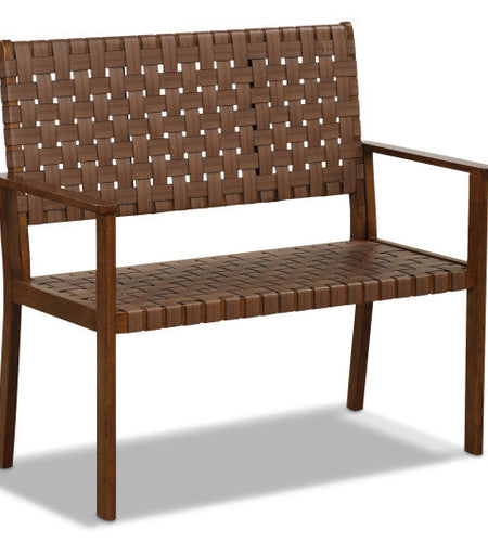 Outdoor All Weather Bench with Solid Rubber Wood Frame and Hand Woven PU Leather-Brown