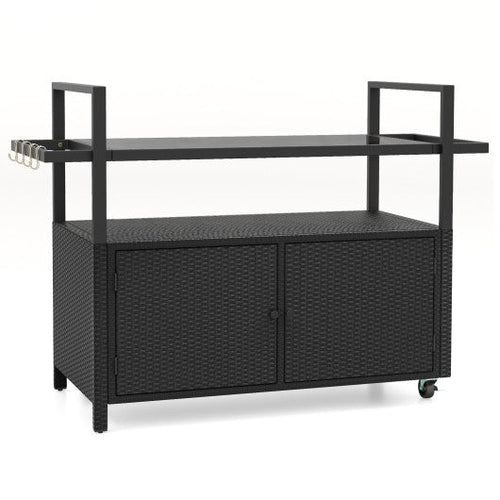 Load image into Gallery viewer, Outdoor Bar Cart Rolling Wicker Buffet Serving Cart with Tempered Glass Top Storage Cabinet and 8 Hooks
