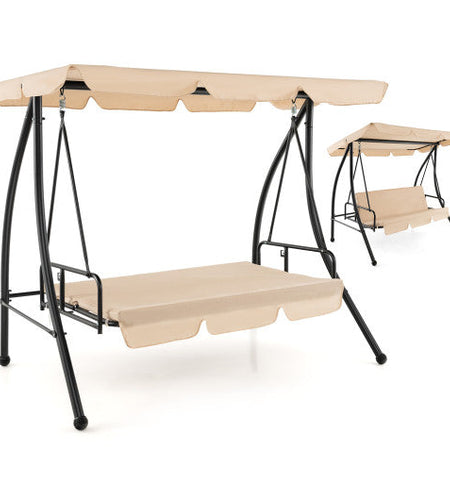 2-Seat Outdoor Convertible Swing Chair with Flat Bed and Adjustable Canopy-Beige