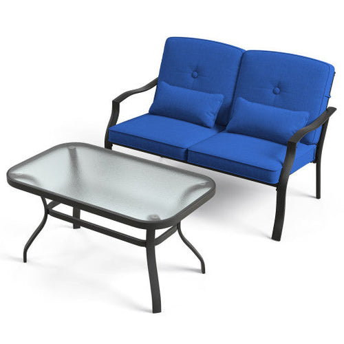 Load image into Gallery viewer, Outdoor Loveseat Chair Set with Coffee Table and Seat Back Cushions-Navy
