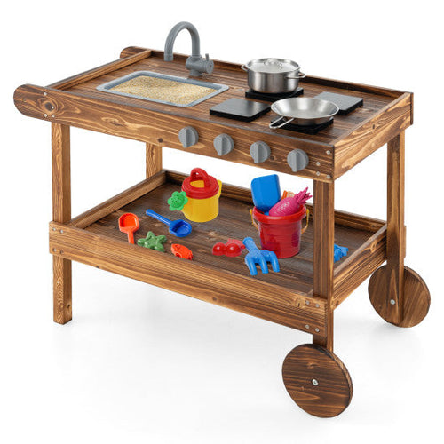 Load image into Gallery viewer, Outdoor Movable Mud Kitchen with 2 Rolling Wheels and 1 Push Handle-Natural
