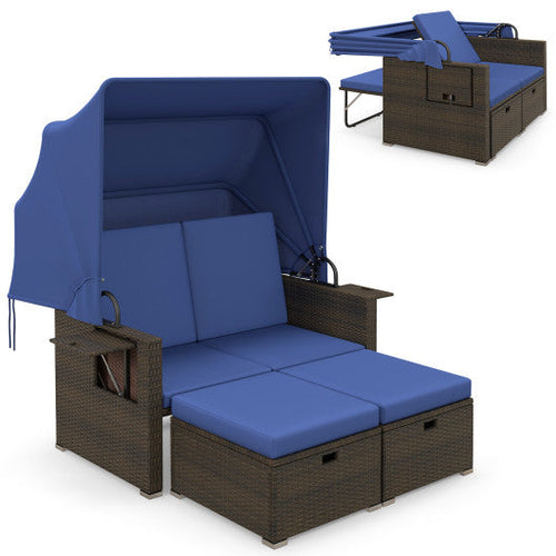 Load image into Gallery viewer, Outdoor Patio Rattan Daybed with Retractable Canopy and Adjustable Backrests-Navy
