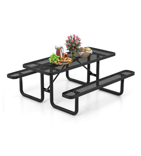 Outdoor Picnic Table and Bench Set for 8 Person with Seats and Mesh Grid-Black