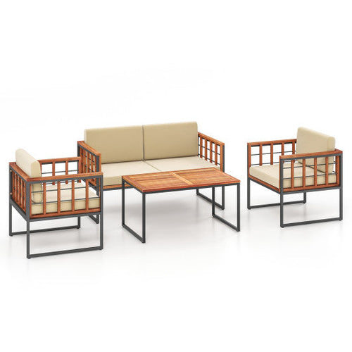 Load image into Gallery viewer, 4 Pieces Acacia Wood Outdoor Sofa Set for Balcony  Porch  Backyard  Poolside
