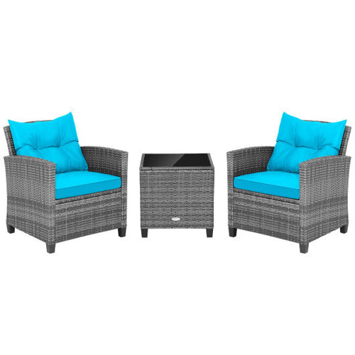 Load image into Gallery viewer, 3 Pieces Outdoor Wicker Conversation Set with Tempered Glass Tabletop-Turquoise
