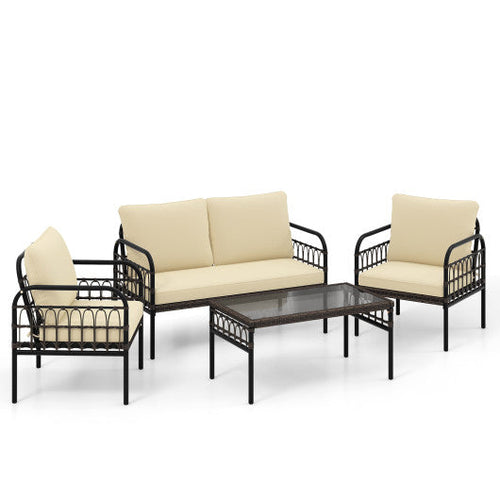 Load image into Gallery viewer, 4 Pieces Outdoor Wicker Conversation Bistro Set with Soft Cushions and Tempered Glass Coffee Table-Beige
