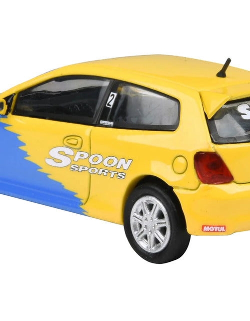 Load image into Gallery viewer, 2001 Honda Civic Type R EP3 Blue and Yellow with Black Hood "Spoon Sports" 1/64 Diecast Model Car by Paragon Models
