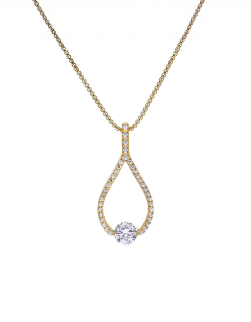 Load image into Gallery viewer, PT306G B.Tiff Gold 1 ct Solitaire Pave Larme Pendant Necklace by B.Tiff New York
