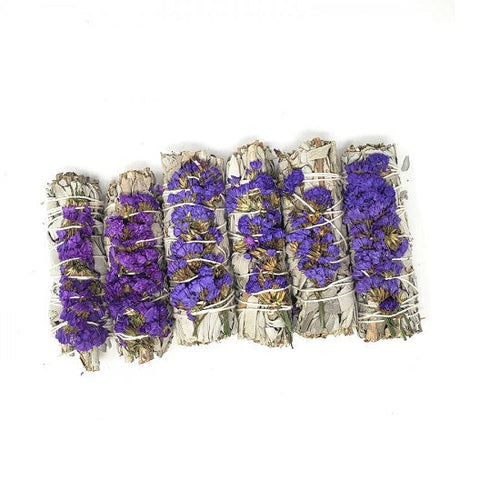 Load image into Gallery viewer, Smudging Herbs - PURPLE Sinuata Flowers with White Sage 4" - 1 bundle by OMSutra
