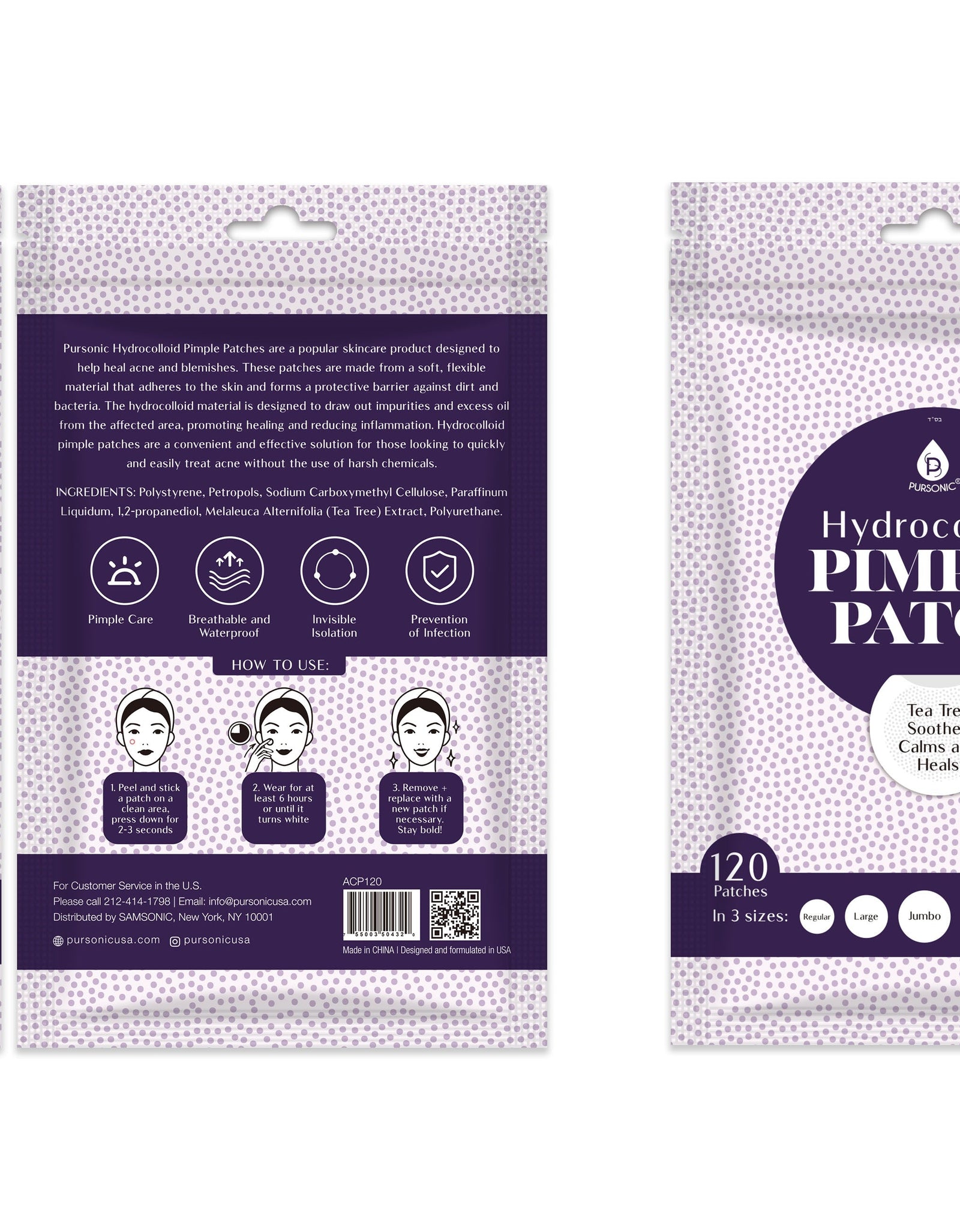 Hydrocolloid Pimple Patch, 120-Count, Multi Size Acne Solution by Pursonic