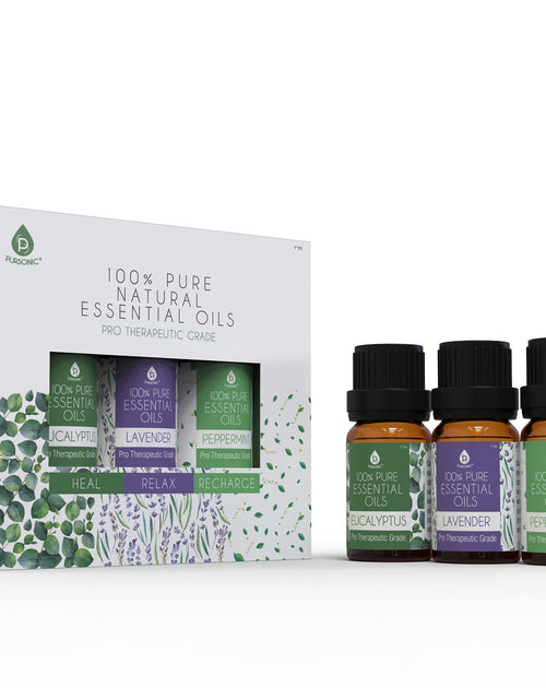 Load image into Gallery viewer, 3 pack of 100% Pure Essential Oils (Eucalyptus, Lavender &amp; Peppermint) by Pursonic
