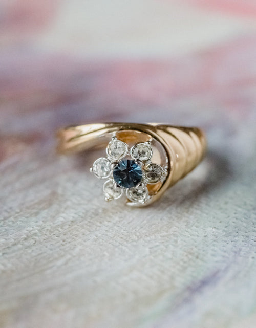 Load image into Gallery viewer, Vintage Ring 1980's Ring Sapphire and Clear Swarovski Crystal 18k Gold Antique Womans Jewelry R2704 by PVD Vintage Jewelry
