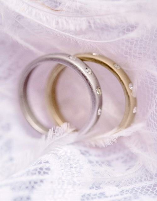 Load image into Gallery viewer, Vintage Jewelry Brushed 18kt White Gold Plated Ring with Clear Crystals Made in the USA by PVD Vintage Jewelry
