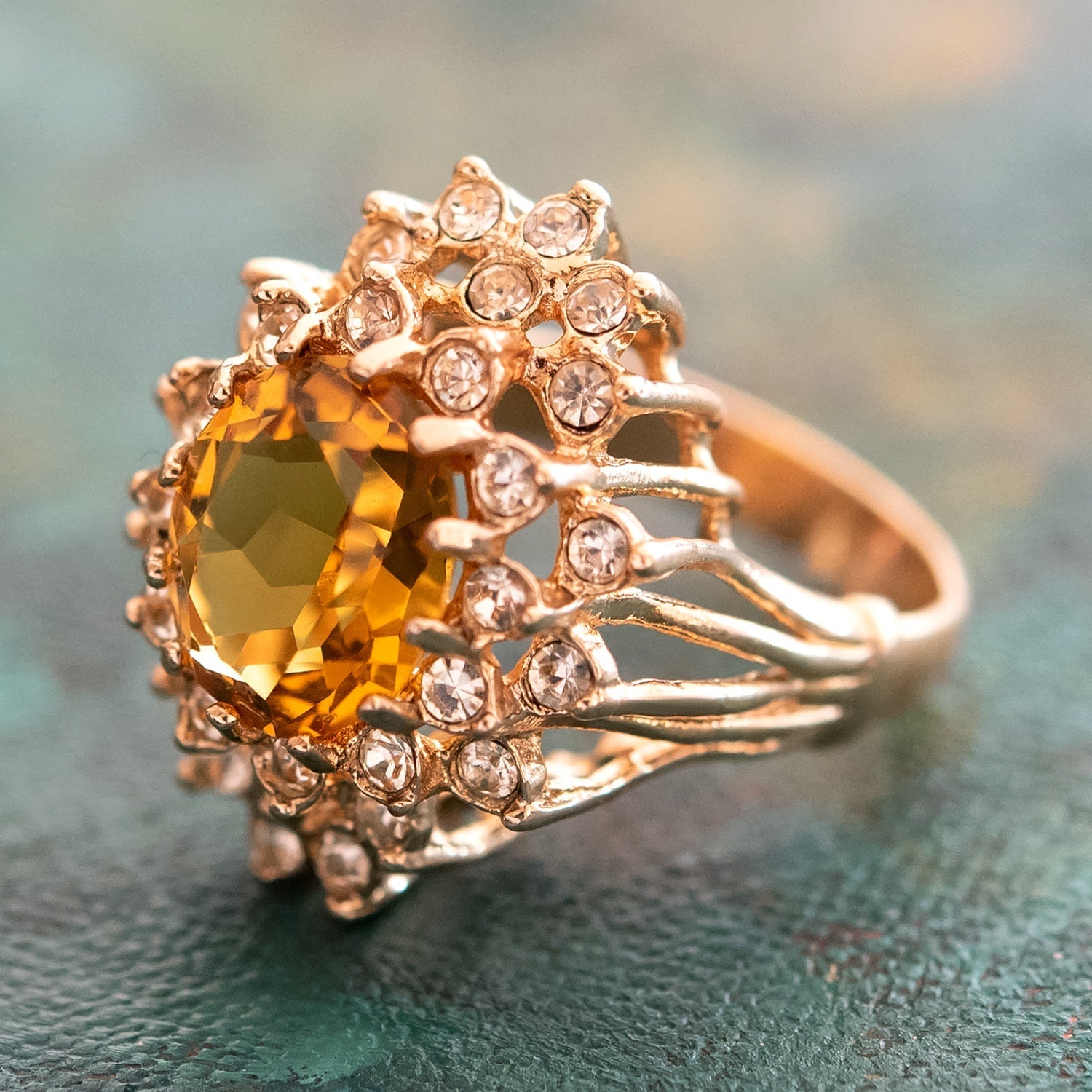 Vintage Women's Austrian Crystal Cocktail Ring 18k Gold Electroplated Birthstone Ring for Women by PVD Vintage Jewelry
