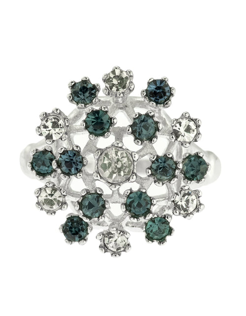 Load image into Gallery viewer, Vintage Ring Ruby Austrian Crystals and Pinfire Opals 18k White Gold Electroplate Made in the USA by PVD Vintage Jewelry
