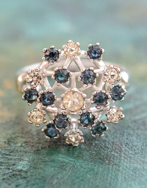 Load image into Gallery viewer, Vintage Ring Ruby Austrian Crystals and Pinfire Opals 18k White Gold Electroplate Made in the USA by PVD Vintage Jewelry
