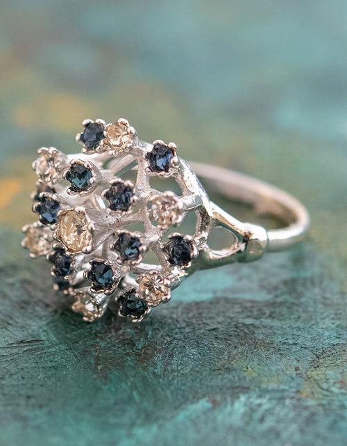 Load image into Gallery viewer, Vintage Ring Ruby Austrian Crystals and Pinfire Opals 18k White Gold Electroplate Made in the USA by PVD Vintage Jewelry
