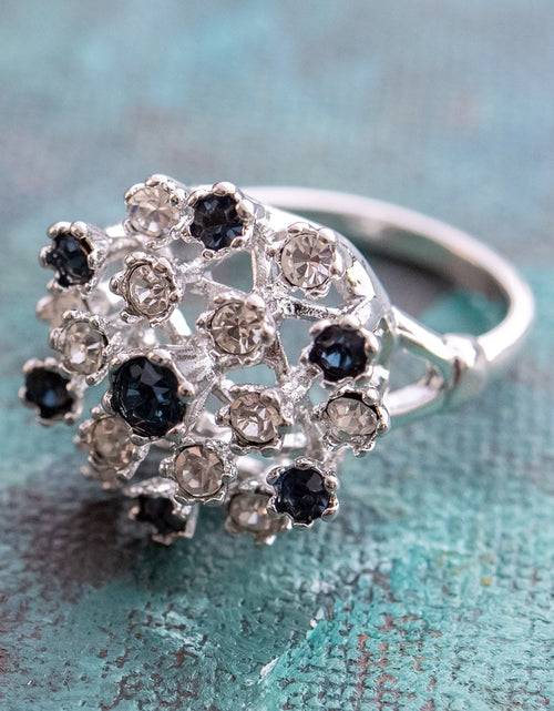 Load image into Gallery viewer, Vintage Ring Ruby Austrian Crystals and Pinfire Opals 18k White Gold Electroplate Made in the USA by PVD Vintage Jewelry
