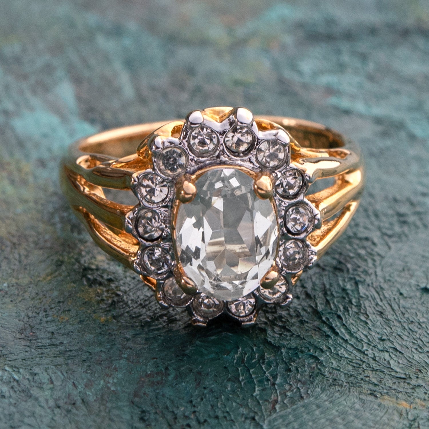 Vintage Jewelry Genuine Stone or Crystal Surrounded by Clear Austrian Crystals Ring Made in the USA by PVD Vintage Jewelry