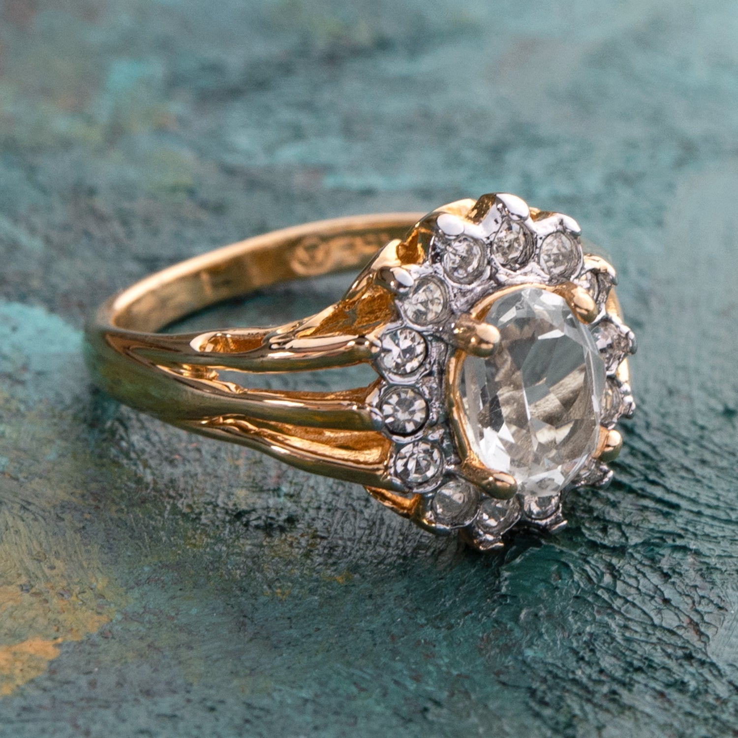 Vintage Jewelry Genuine Stone or Crystal Surrounded by Clear Austrian Crystals Ring Made in the USA by PVD Vintage Jewelry