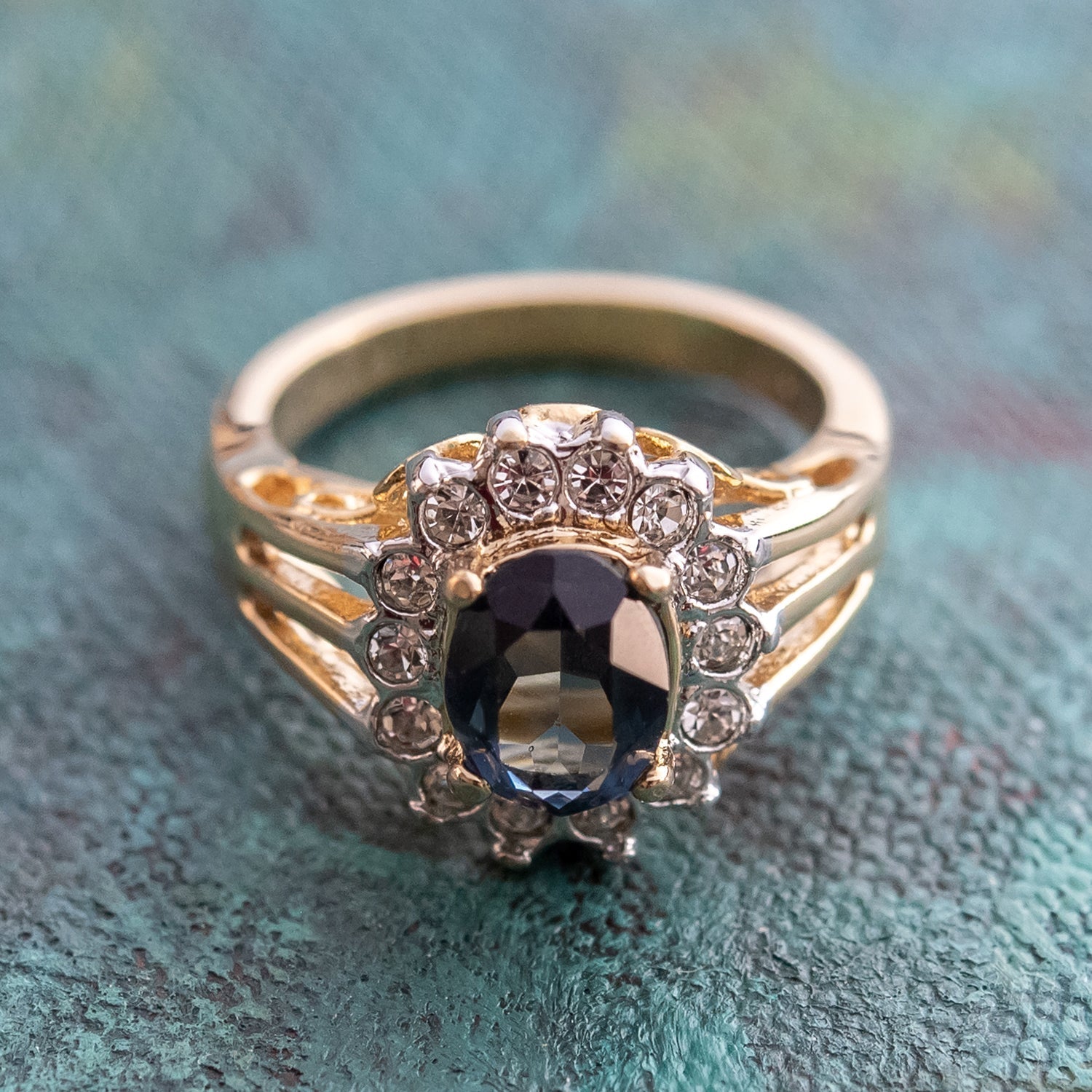 Vintage Jewelry Genuine Stone or Crystal Surrounded by Clear Austrian Crystals Ring Made in the USA by PVD Vintage Jewelry