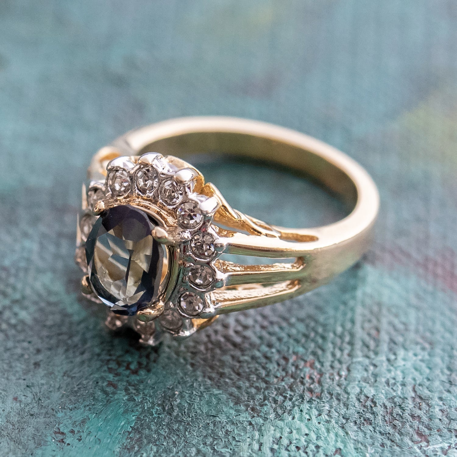Vintage Jewelry Genuine Stone or Crystal Surrounded by Clear Austrian Crystals Ring Made in the USA by PVD Vintage Jewelry
