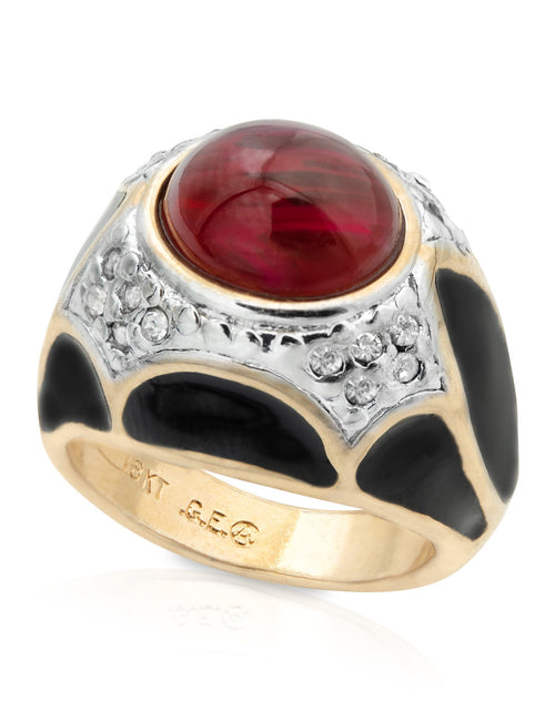Load image into Gallery viewer, Vintage Ring 1980s Black Enamel Ring with Ruby Cabochon Stone Surrounded by Clear Crystals (6) by PVD Vintage Jewelry

