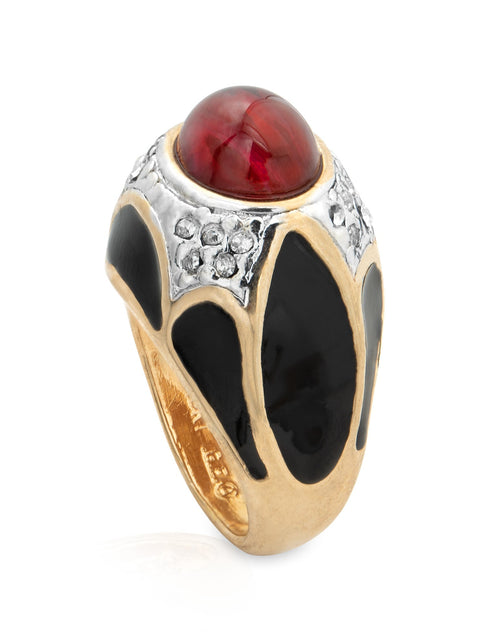 Load image into Gallery viewer, Vintage Ring 1980s Black Enamel Ring with Ruby Cabochon Stone Surrounded by Clear Crystals (6) by PVD Vintage Jewelry
