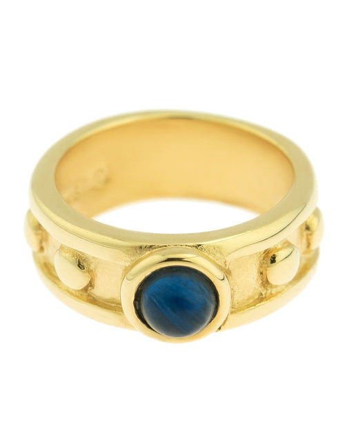 Load image into Gallery viewer, Vintage Ring 1970s Sapphire Cabocon Glass Ring 18k Brushed Gold September Birthstone #R3095 by PVD Vintage Jewelry
