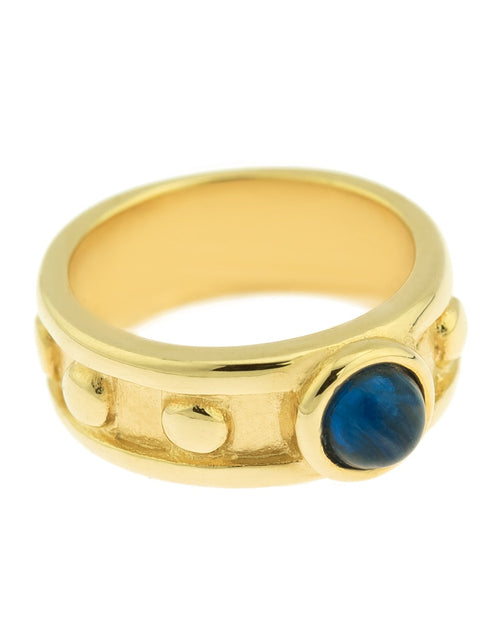 Load image into Gallery viewer, Vintage Ring 1970s Sapphire Cabocon Glass Ring 18k Brushed Gold September Birthstone #R3095 by PVD Vintage Jewelry
