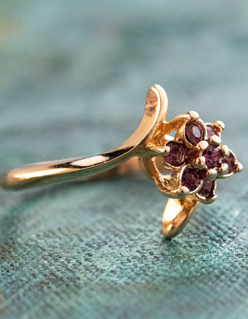 Load image into Gallery viewer, Vintage 1970's Amethyst Crystal and Genuine Pinfire Opal Ring 18kt Yellow Gold Electroplated Ring by PVD Vintage Jewelry
