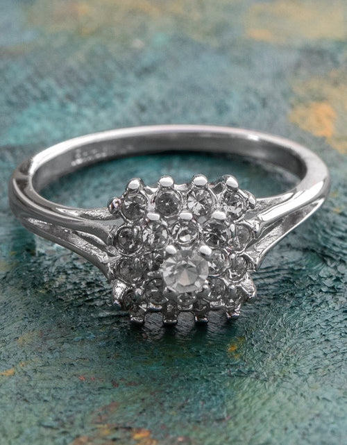 Load image into Gallery viewer, Vintage Clear Austrian Crystal Burst Ring 18kt White Gold Electroplated Made in USA by PVD Vintage Jewelry
