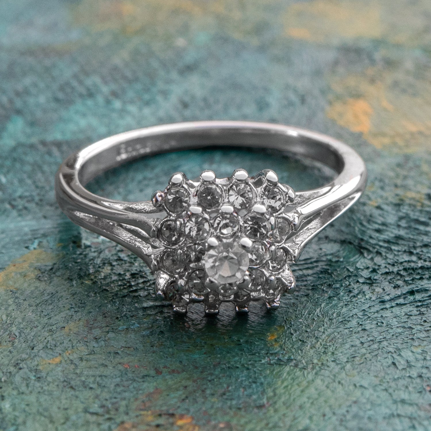 Vintage Clear Austrian Crystal Burst Ring 18kt White Gold Electroplated Made in USA by PVD Vintage Jewelry
