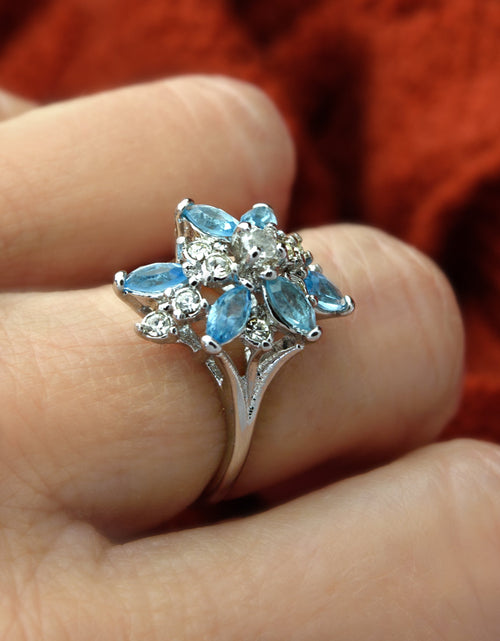 Load image into Gallery viewer, Vintage Ring Aquamarine and Clear Swarovski Crystals 18k White Gold Unique Cluster Antique Womans #R1863-AQW Size: 4 by PVD Vintage Jewelry
