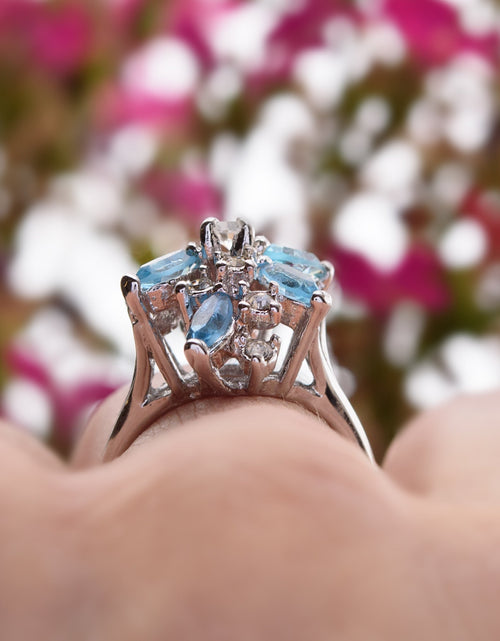 Load image into Gallery viewer, Vintage Ring Aquamarine and Clear Swarovski Crystals 18k White Gold Unique Cluster Antique Womans #R1863-AQW Size: 4 by PVD Vintage Jewelry
