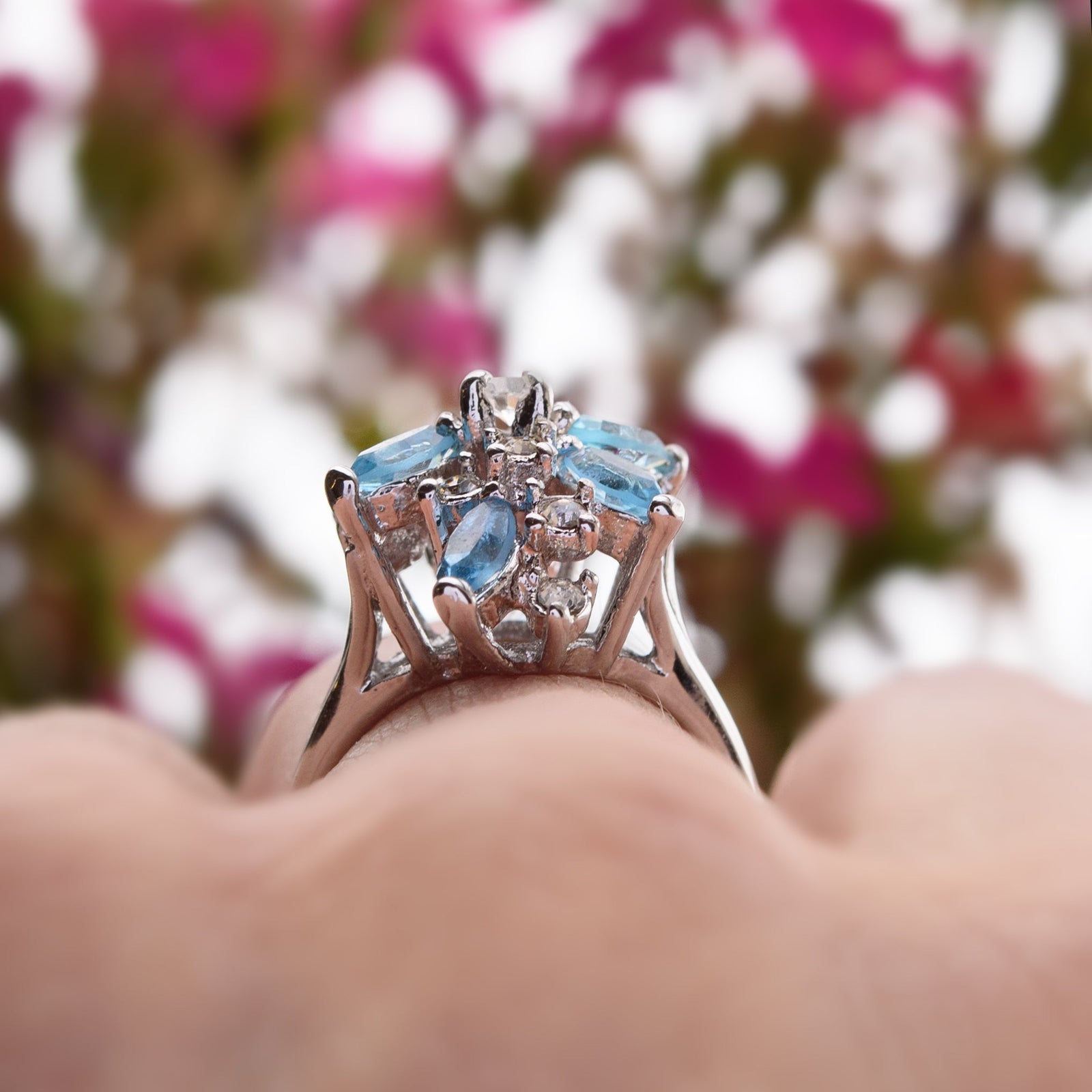 Vintage Ring Aquamarine and Clear Swarovski Crystals 18k White Gold Unique Cluster Antique Womans #R1863-AQW Size: 4 by PVD Vintage Jewelry