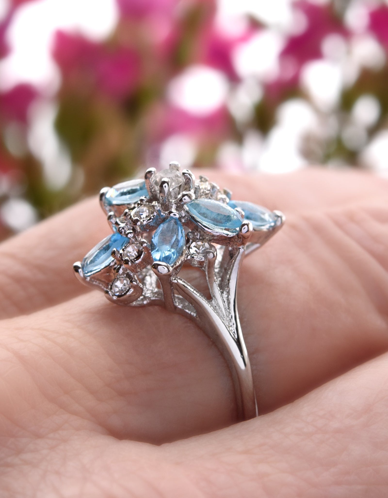 Vintage Ring Aquamarine and Clear Swarovski Crystals 18k White Gold Unique Cluster Antique Womans #R1863-AQW Size: 4 by PVD Vintage Jewelry