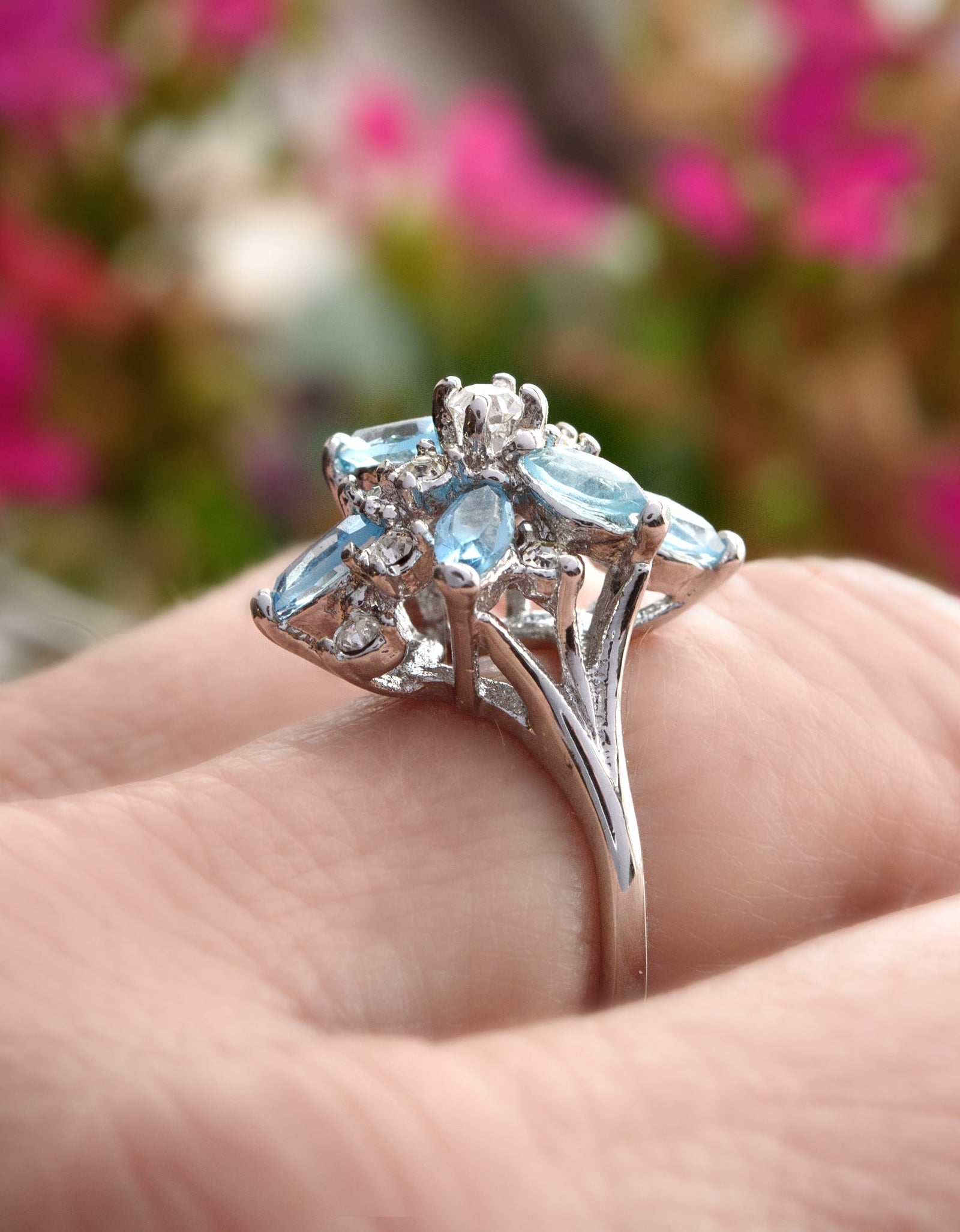 Vintage Ring Aquamarine and Clear Swarovski Crystals 18k White Gold Unique Cluster Antique Womans #R1863-AQW Size: 4 by PVD Vintage Jewelry
