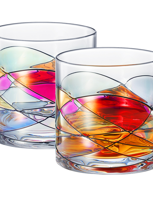 Load image into Gallery viewer, Artisanal Hand Painted Whiskey - Gift for Dad, Friends, Boyfriends, Renaissance Romantic Stain-glassed Windows Cocktail Glasses Set of 2 - Gift Idea for Birthday, Housewarming - 9.6 OZ Glassware by The Wine Savant
