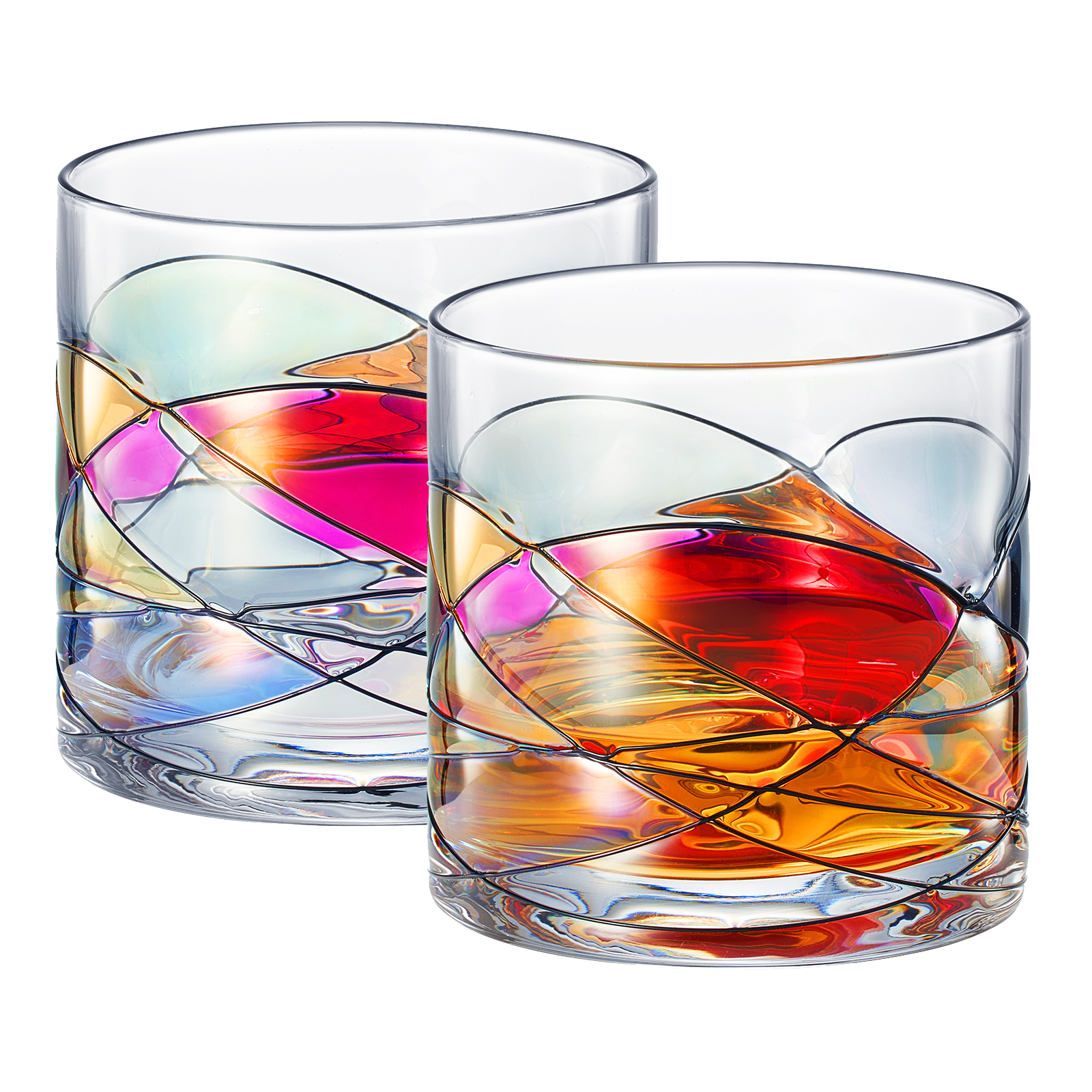 Artisanal Hand Painted Whiskey - Gift for Dad, Friends, Boyfriends, Renaissance Romantic Stain-glassed Windows Cocktail Glasses Set of 2 - Gift Idea for Birthday, Housewarming - 9.6 OZ Glassware by The Wine Savant