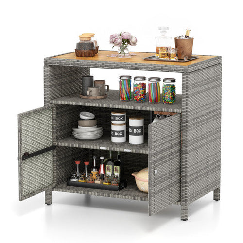 Load image into Gallery viewer, Rattan Storage Cabinet with Acacia Wood Countertop for Poolside Deck and Patio-Gray
