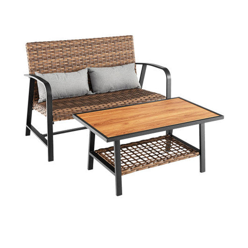 Load image into Gallery viewer, 2 Pieces Patio Rattan Coffee Table Set with Shelf and Quick Dry Cushion
