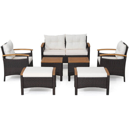 Load image into Gallery viewer, 7 Piece Rattan Patio Sofa Set with Acacia Wood Tabletop and Armrests
