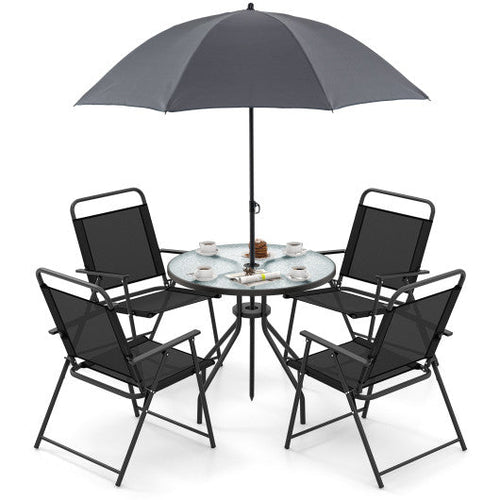 Load image into Gallery viewer, 6 Pieces Patio Dining Set Folding Chairs Glass Table Tilt Umbrella for Garden-Gray
