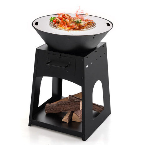 Load image into Gallery viewer, Patio Fire Pit with Firewood Log Rack with Grill and Ash Box-Black
