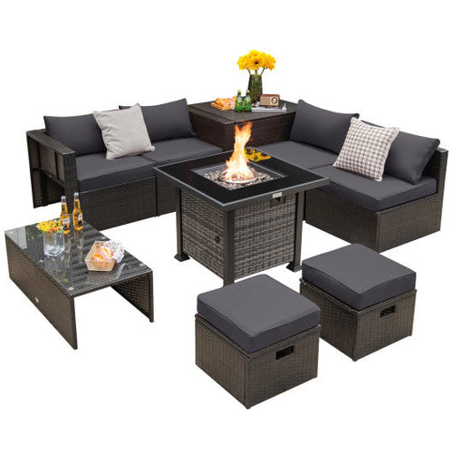 Load image into Gallery viewer, Outdoor 9 Pieces Patio Furniture Set with 50 000 BTU Propane Fire Pit Table-Gray
